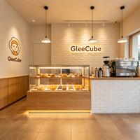 Airy Luxe Bakery & Coffee Market Stall Featuring Glass Display Case, Open Tiered Shelving, and Integrated Warm Lighting