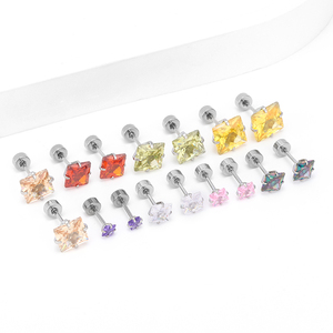 Anting-anting zircon persegi baja tahan karat 304, tersedia berbagai warna, mode lintas batas Eropa-Amerika, untuk tulang rawan telinga. - Product Image 3