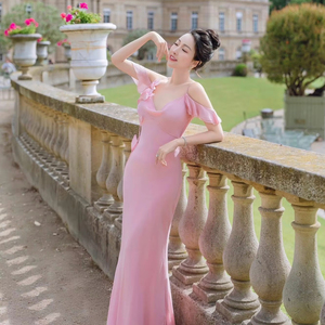 Vestido de Noche de Sirena de Satén Rosa, Fabricante Vietnamita, Tirantes Espagueti, Volantes, OEM, ODM, Venta al por Mayor 2025 - Product Image 1