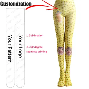 3D 디지털 인쇄 고객 디자인 팬티 스타킹 여성 노란색 만화 고양이 스타킹 팬티 스타킹