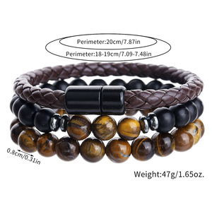 Hip Hop Punk boncuklu erkek bilezik yığılmış siyah akik kaplan gözü deri manyetik toka bilezik ile Set - Product Image 3