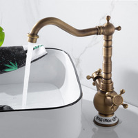 Laiton rétro lumière luxe Antique Double poignée ménage évier de cuisine robinet bassin de légumes froid et chaud résistant aux éclaboussures B1570