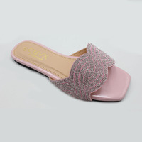Sandales pour femmes à bout ouvert, ornées de strass, tongs plates tendance avec perles et cristaux, style été