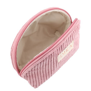 Logotipo personalizable ancho de pana a rayas terciopelo maquillaje cosmético media luna utilidad cremallera bolsa para dama - Product Image 6