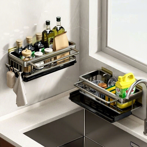 Étagère de rangement de cuisine moderne et simple à <span class=keywords><strong>double</strong></span> niveau, couleur bronze, non pliable, sans perçage, murale, pour épices, avec égouttoir pour robinet d'évier - Product Image 1