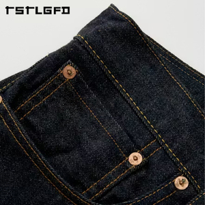 Cut And Sew Slim Fit Selvedge <b>Jeans</b> Deep Indigo Raw Japanese Denim Gold <b>Chain</b> Stitch Unwashed Heritage Premium <b>Jeans</b> - Product Image 4