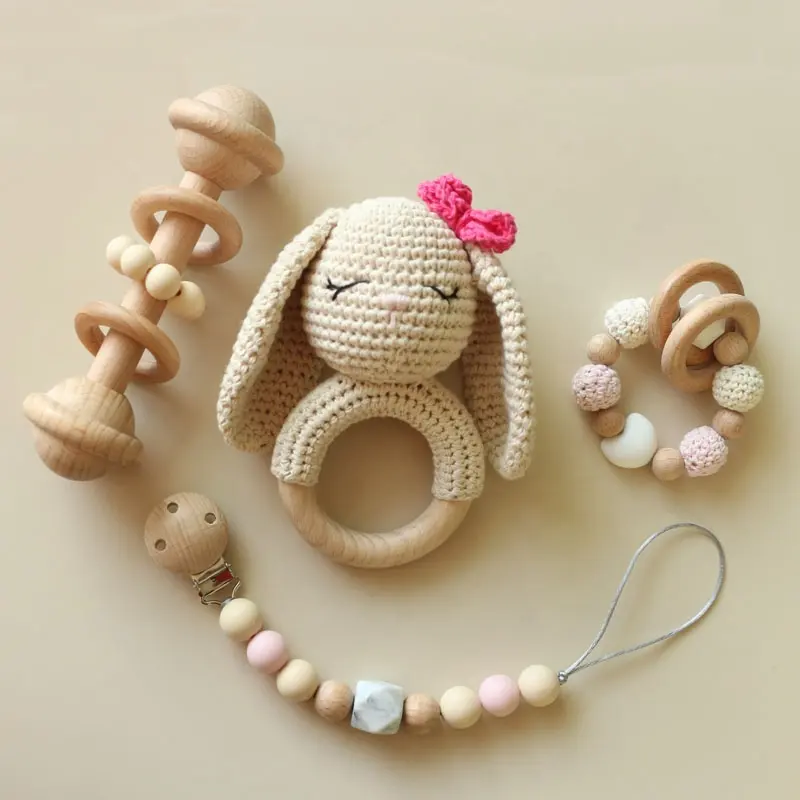Natural Baby Beech Wood Crocheted Bunny Rattle Teething Toys Teething Bracelets Set Easter Gift Set Baby Wooden Teethers