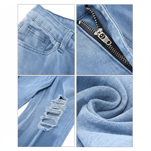 2025, pantalones vaqueros acampanados recortados de cintura alta a la moda para mujer, pantalones vaqueros con dobladillo crudo desgastados elásticos, diseño rasgado con características transpirables - Product Image 1