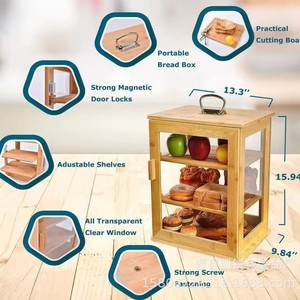 Wooden Multi Functional Bread Box Three Layer Transparent Storage Rack Bamboo With Lid For <b>Kitchen</b> Use - Product Image 3