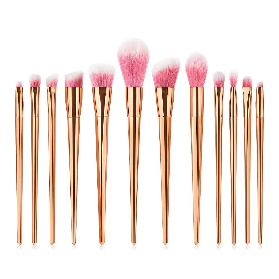 High quality Low MOQ 12Pcs gold makeup brushes synthetic hair metal rose gold makeup brush set