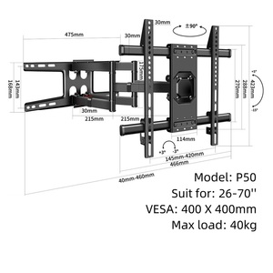 ขายึดทีวีติดผนังอเนกประสงค์ขนาด40-75นิ้วพร้อมแขนประกบแบบหมุนคู่ขนาด600x400มม. สูงสุดถึง40กก. - Product Image 4