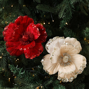 Ornamen Bunga Natal Buatan Berpayet Grosir, Hiasan Bunga Poinsettia Berpinggir Glitter, Warna Merah Hijau Krem, Dekorasi Karangan Bunga dan Garland - Product Image 2