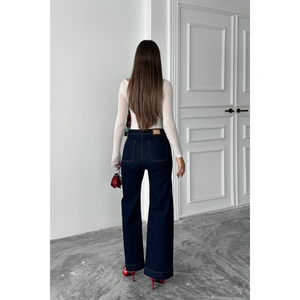 Jeans Azul Marino con Detalle de Bolsillo Delantero, Pantalones Ajustados de Cintura Alta, Talla Grande, Estilo Y2K, Ajustados, Largos, Estampados, de Mezclilla, con Corte Holgado - Product Image 2