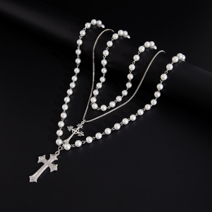 <span class=keywords><strong>Collana</strong></span> Retrò Multistrato con Grande Croce Cava e Perle Imitate, Gioiello Unisex Trendy, <span class=keywords><strong>Collana</strong></span> Choker alla Moda, Regalo di Bigiotteria - Product Image 5