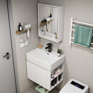 Mueble de Baño Blanco de Madera Maciza Ultra Estrecho para Montar en la Pared con Estante de Almacenamiento y Lavabo de Cerámica de una Pieza - Product Image 5