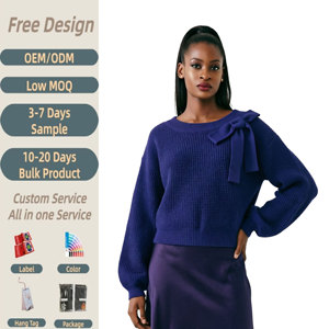 Maglione da donna blu navy in <span class=keywords><strong>maglia</strong></span> waffle, con <span class=keywords><strong>spalle</strong></span> <span class=keywords><strong>scoperte</strong></span>, fiocco decorativo, scollo a O, pullover a costine, classico, stile preppy, corto, lavorato a <span class=keywords><strong>maglia</strong></span> - Product Image 2