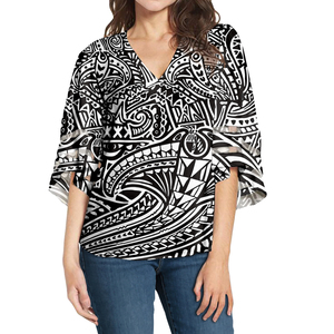 Blus lembut bermotif bunga kerah V yang cantik kemeja longgar kasual atasan sifon lengan lonceng pakaian belanja perjalanan wanita gaya Polinesia - Product Image 2