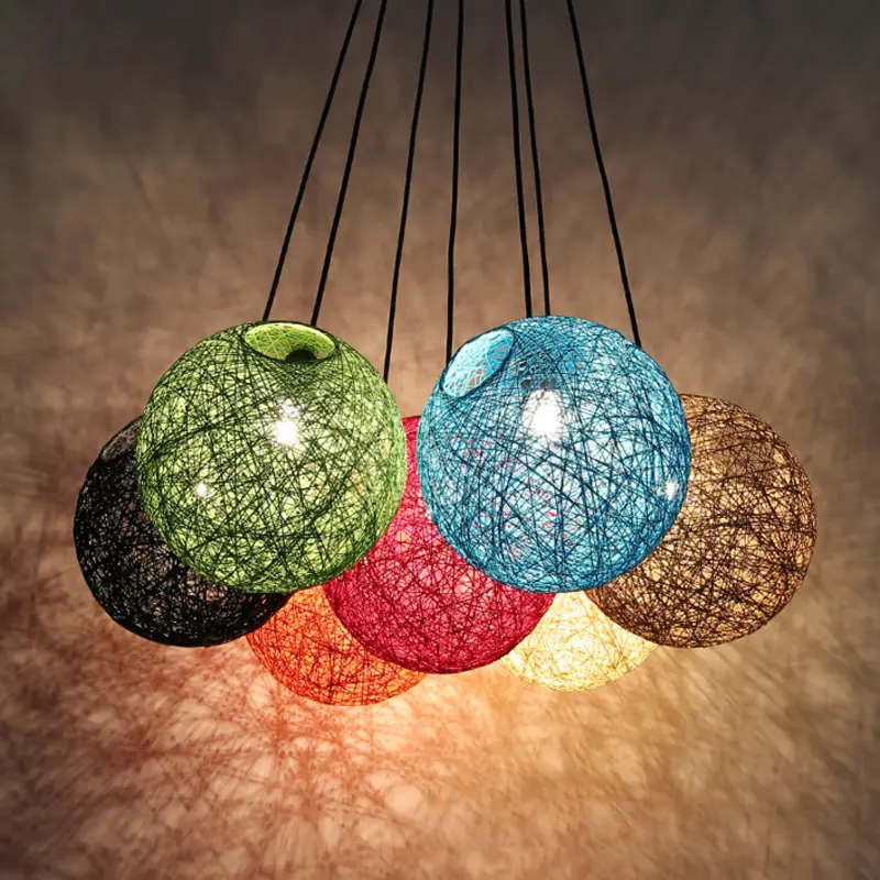 New Creative LED Hemp Hanging Light Art Rattan Ball Pendant Lamp American Colorful Lamp For Living Room Bedroom Aisle Restaurant