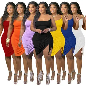 New fashion plus size women dress solid color spaghetti strap single side shirred pleated dresses plus size summer dresses