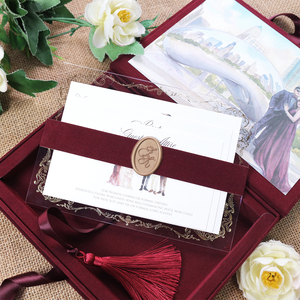 Boîte cadeau en velours bordeaux sur mesure, suite d'invitations de mariage en acrylique, cartes RSVP et inserts - Product Image 3