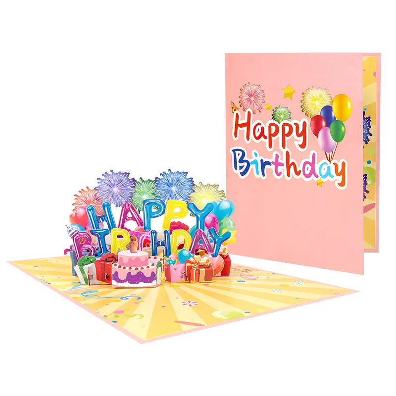 Cartões de feliz aniversário de papel 3D pop-up com envelope para festas de aniversário