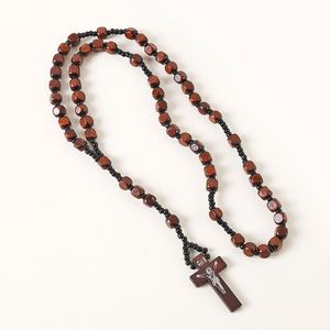 Catholic Cross Rosary Necklace 8 * 8 Square Wooden Beads Pendant Worn on the Head <b>Easter</b> Christmas <b>Ornaments</b> Wholesale - Product Image 1