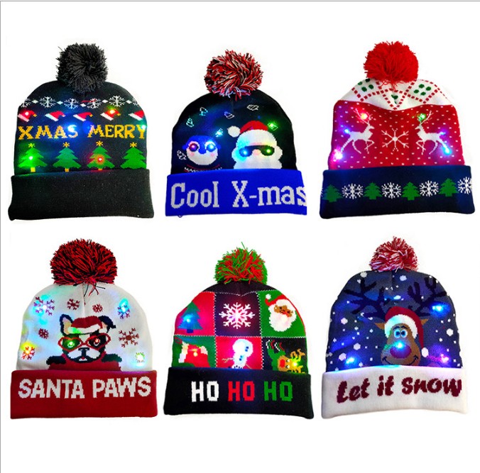 100% акриловая вязаная шапка бини со светодиодной подсветкой внутри черного цвета светодиодные шапочки для подарка на Рождество и Хэллоуин