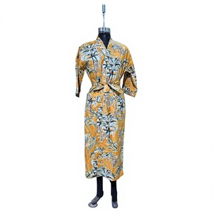 Floral Print Women's Breathable Knitted 100% Cotton Summer Sleepwear Robe <b>Long</b> <b>Sleeve</b> <b>Kimono</b> Style Belted Closure Front Custom - Product Image 1