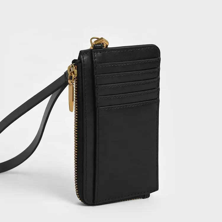 Custom Logo Black Smooth Leather Card Cases Zip Closure Women Slim Card Holders With Non Adjustable Strap