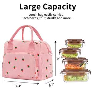 Bolsa de almuerzo de pana aislada, portátil, a la moda, a prueba de fugas, para mujer, con múltiples bolsillos y correa de hombro ajustable - Product Image 2