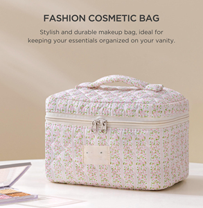 Quilted Makeup <b>Bag</b> Large Cosmetic Travel Case for Women Soft Cotton Toiletry Organizer Skincare Brushes Accessories Storage - Product Image 3