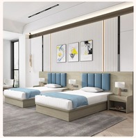 Muebles de Habitación Doble para Hotel, Diseño Vertical con Franjas Decorativas, Cabecera Suave, Cama con Almacenamiento, Mesita de Noche, Juego Completo