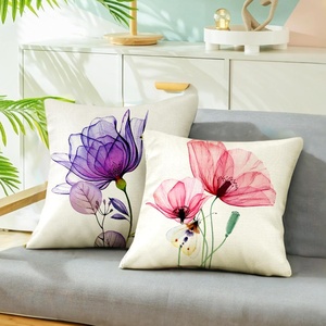 4 Fundas de Almohada Decorativas de Lino Ecológico con Diseño Floral Clásico <span class=keywords><strong>en</strong></span> <span class=keywords><strong>Acuarela</strong></span>, Cierre de Cremallera, Personalizables, Rosa/Amarillo/Azul, Tulipán - Product Image 4