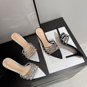 2026 New Rhinestone Silk Satin Slip-On High Heel Slippers Women's Thin Heel Pointed Toe Open Toe Rubber Outsole Wedding <b>Sandals</b> - Product Image 1