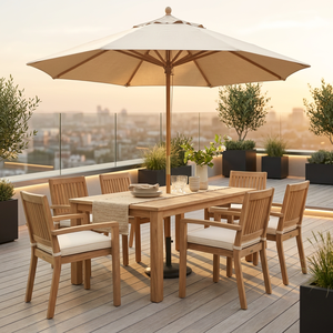 Outdoor Teak Garden Table Set with 6-<b>Person</b> Dining Chairs and <b>Cushions</b> Transitional Design for Yard and Deck - Product Image 2