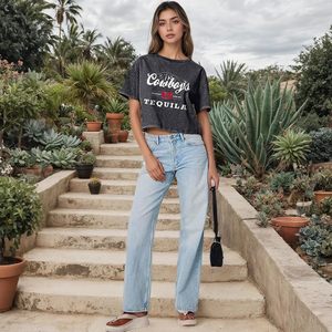 T-shirt court femme FOXA Western Cowboy, motif vintage, en jersey de coton délavé à l'acide, anti-rétrécissement - Product Image 5