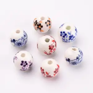 Pandahall 12mm Ceramic Clay Round Flower Printed Porcelain Beads
