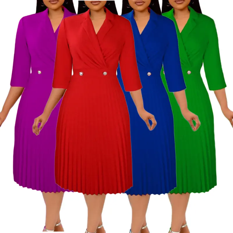 D3123 Autumn Elegant Suit Collar Half Sleeve Pleated Dress Ladies Office Dresses Women Formal Work Career Dresses 2022