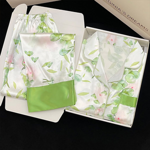 Fashion Hot Light Luxury <strong>Green</strong> Leaves Floral Ice <strong>Silk</strong> Feel Women's Loungewear Spring Lapel Cardigan Long-sleeved Trousers Suit - Product Image 3