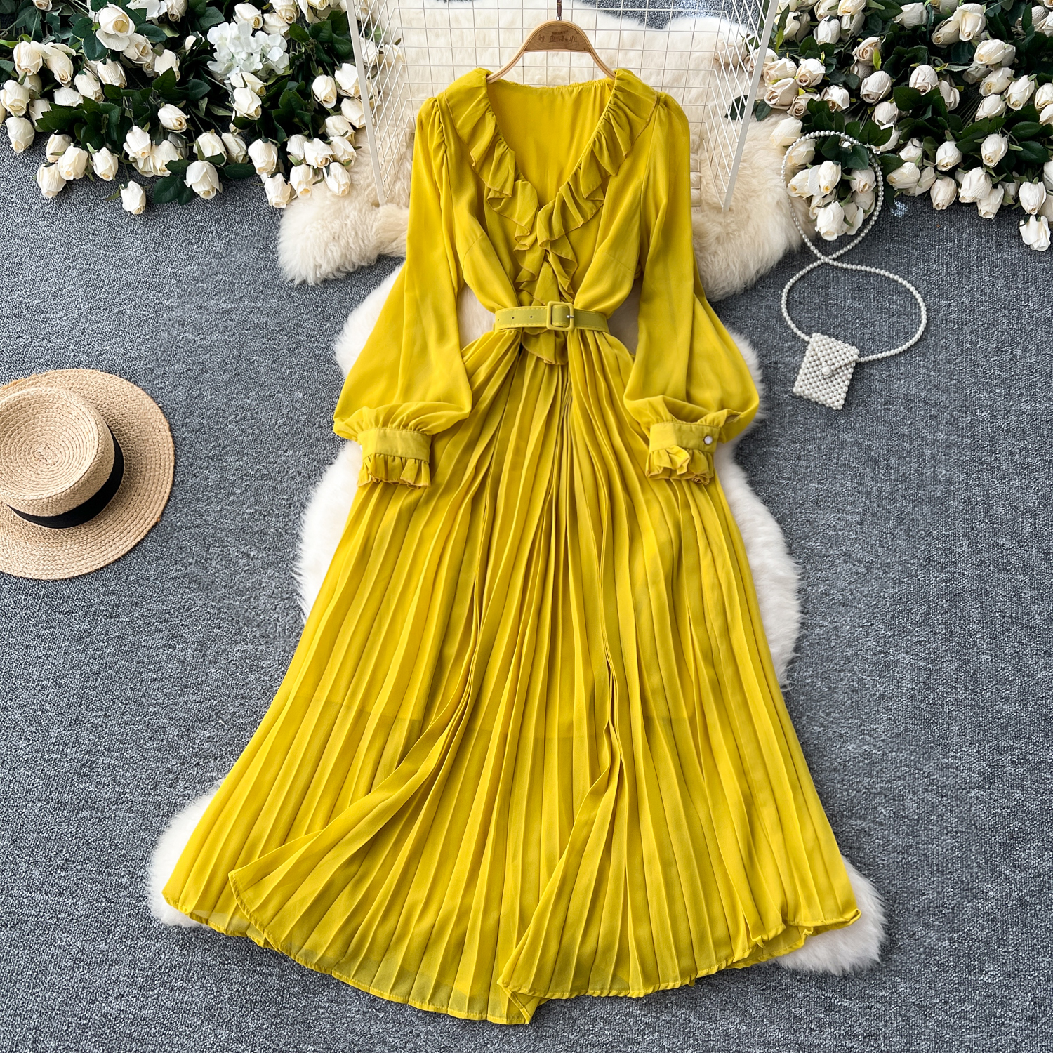 Senior V-Neck Wooden Ear Lantern Sleeve Shrink Waist Slimming Feeling  Pleated Big Swing Chiffon Dress Woman| Alibaba.com