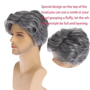 Peluca Corta con Raya Lateral Gris <span class=keywords><strong>para</strong></span> Hombres <span class=keywords><strong>Mayores</strong></span> de Mediana Edad, Estilo Voluminoso y Natural, Hecha a Máquina - Product Image 4