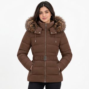 Abrigo Acolchado de Poliéster Transpirable para Mujer, Color Marrón, con Capucha de Piel, Cinturón y Cierre de Cremallera, Parka de Invierno - Product Image 1