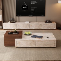 Table basse en travertin et meuble TV combinés, style mi-siècle, rectangulaire, moderne, simple, personnalisable, avec rangement pour salon