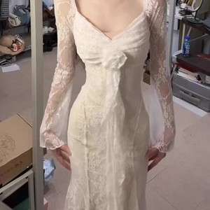 French Style 3D Floral Ribbon Long Sleeve Evening Dress Sweetheart Neckline <b>Sheer</b> Lace Fishtail <b>Maxi</b> <b>Skirt</b> For Women - Product Image 2