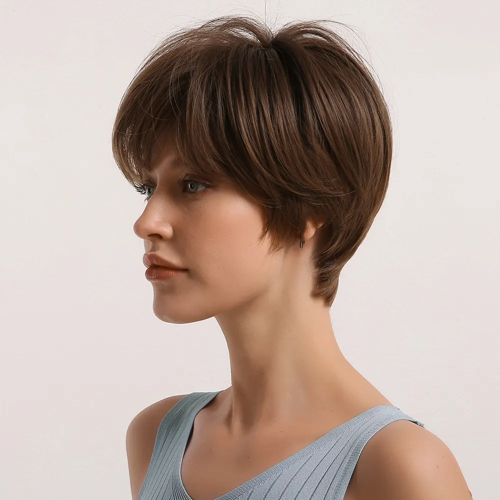 Peluca Short Fashion Hair Brown Straight Synthetic Wigs for Women High Temperature Fiber Wigs
