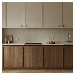 Armoire plate minimaliste Vermont, base en bois <span class=keywords><strong>de</strong></span> <span class=keywords><strong>noyer</strong></span>, armoire <span class=keywords><strong>de</strong></span> <span class=keywords><strong>cuisine</strong></span> en bois bicolore avec <span class=keywords><strong>plan</strong></span> <span class=keywords><strong>de</strong></span> <span class=keywords><strong>travail</strong></span> en quartz blanc - Product Image 1