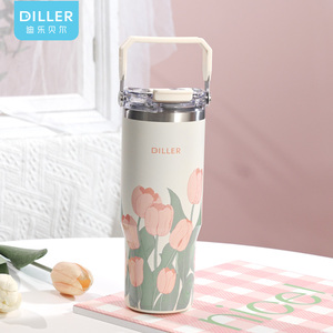 Bouteille <span class=keywords><strong>d</strong></span>'eau isotherme DILLER avec poignée, double couvercle, gobelet de voyage en acier inoxydable pour boissons chaudes et froides - Product Image 1