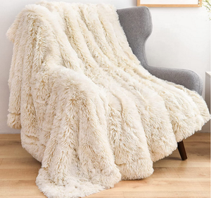 FY Luxury Soft PV Velvet Long Fur Solid <strong>Red</strong> Purple Gray Camel Striped Woven <strong>Throw</strong> <strong>Blanket</strong> for Adults Kids for Airplane Use - Product Image 1