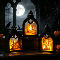 Lanterne citrouille rétro d'Halloween, veilleuse en plastique et verre imprimée offset – Accessoire lumineux portable pour l'aménagement de fêtes, accent de présentation sur étagère, thème hanté