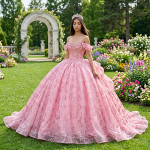 Robe de bal rose Lsmu184 pour Quinceañera, longueur ras du sol, traîne chapelle, en satin moderne et dentelle, robe de soirée Jancember - Product Image 1